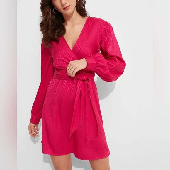 Express Jacquard Satin Tie Waist Long Sleeve Mini Dress - Picture 2 of 8